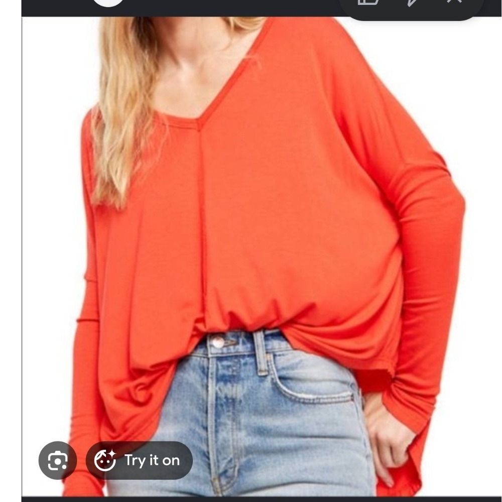 Free People Moonshine Tunic‎ Red Orange V-Neck Long Sleeve Top- L
